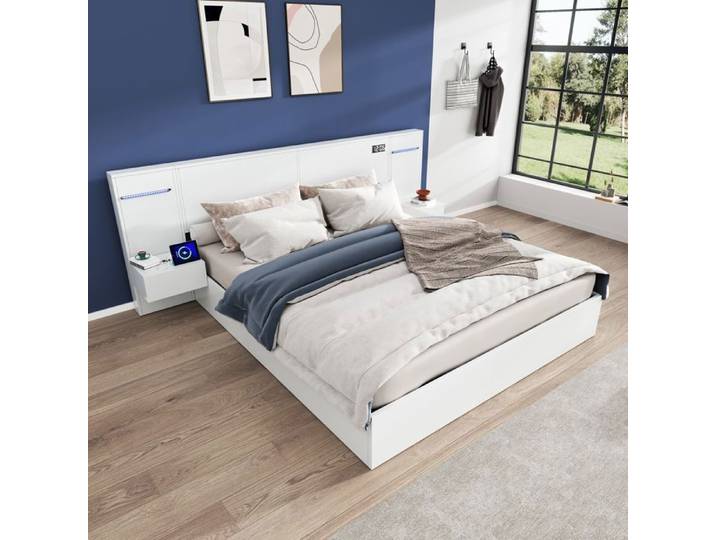 Lit double LUONIANS 180 x 200cm lit en bois avec réveil électronique enceinte Bluetooth blanc