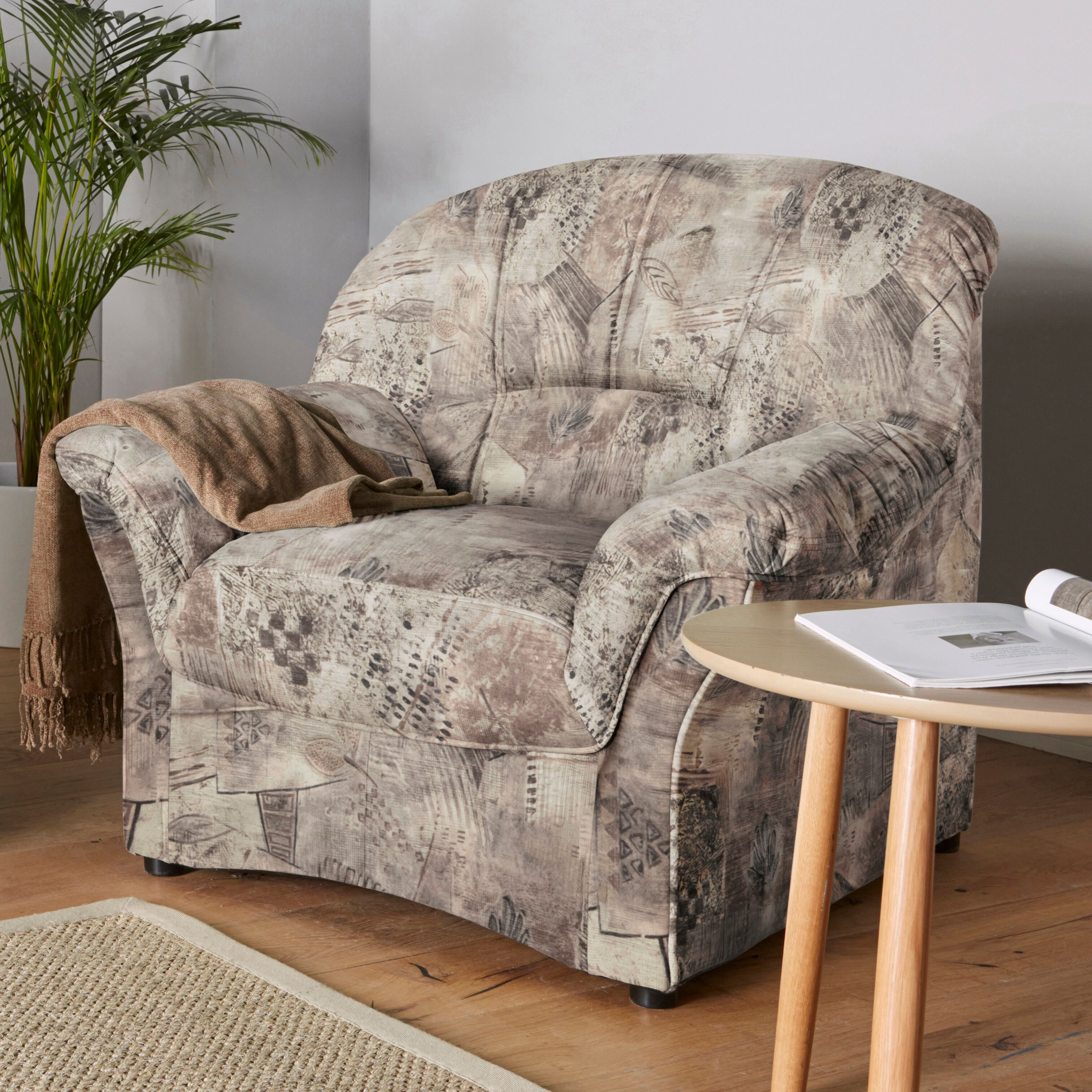 Sessel DOMO COLLECTION "Bahia zeitlos, elegant, Breite 102cm, mit bequemen Armlehnen", braun, B:102cm H:91cm T:92cm, Struktur (100% Polyester);Luxus-Microfaser (100% Polyester), mit Muster, Sessel, Sessel, Microfaser, natur braun Luxus-Microfaser,mit Fede