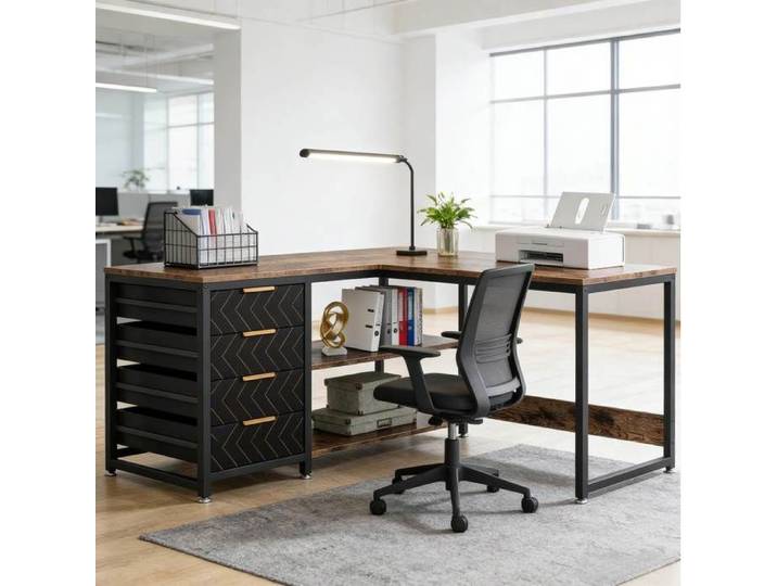 Bureau D'Angle En L Noir Marron Bureau Informatique FloraGrace Pour Bureau Maison Reversible 4 Tiroirs 150x110x75cm