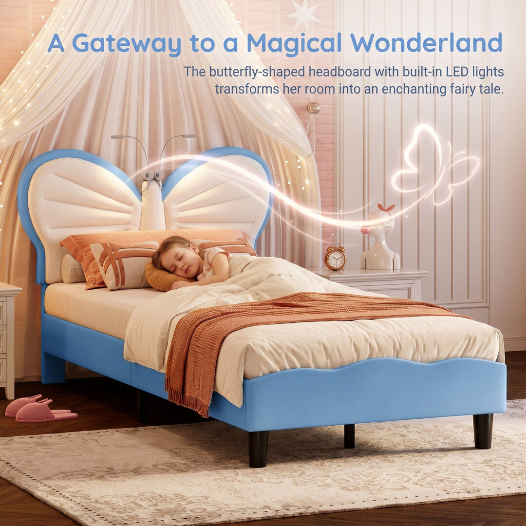 Metro Single Children’S Bed Frame With LED Reading Lighting, Girls Bed Upholstered Platform Bed Frame With Butterfly-Shaped Adjustable Height Headboard, Eas Blue Single (3')