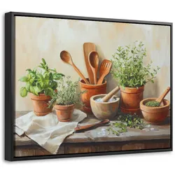 LEINWAND Bilder mit Rahmen - Töpfe - Kräuter - Holz - 40x30