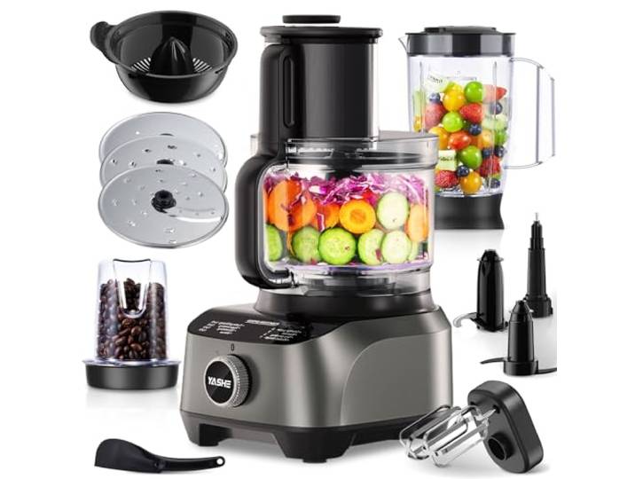 YASHE Robot Cuisine Multifonctions\, 2\,5L Bol & 1\,5L Jarre\, Mixeur\, Grinder\, Extracteur de Jus\, Pétrin\, Hachoir\, Trancheur & Râpe\, 3 Vitesses + Pulse\, Verrou de Sécurité\, 1300W