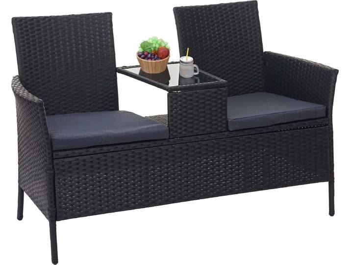 Poly-Rattan Sitzbank mit Tisch HWC-E24, Gartenbank Sitzgruppe Gartensofa, 132cm - schwarz, Kissen dunkelgrau