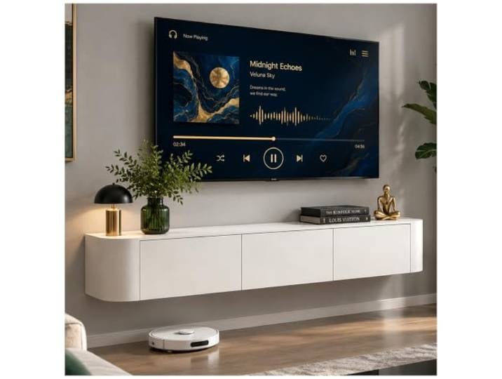 Weißer TV-Ständer Zur Wandmontage, Schwebender TV-Schrank Mit Stauraum, TV-Bank Aus Holz Mit Schublade, Kabelführungsloch, Hohle Rückseite, Moderne Unterhaltungsmedienkonsole(Weiß,180x24x20cm)
