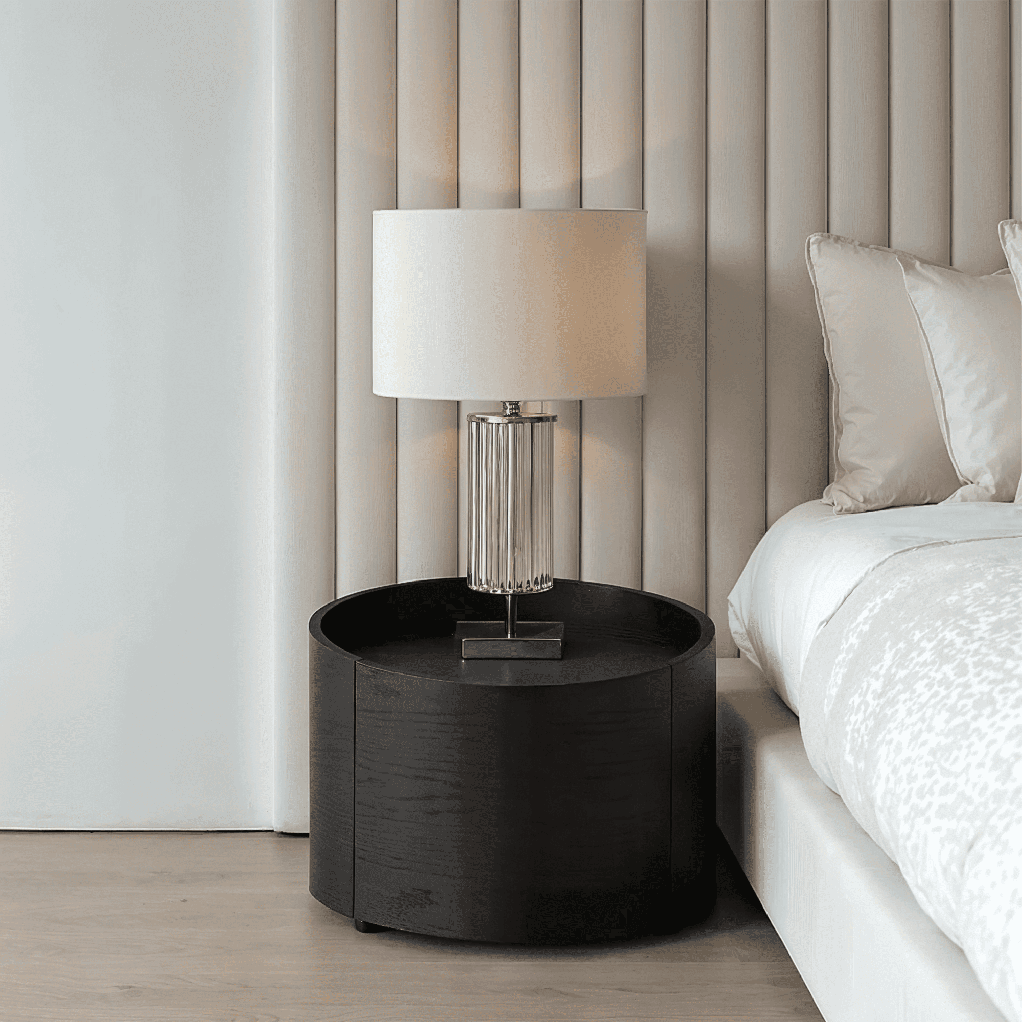 Ivillia Black Round Wooden Bedside Table