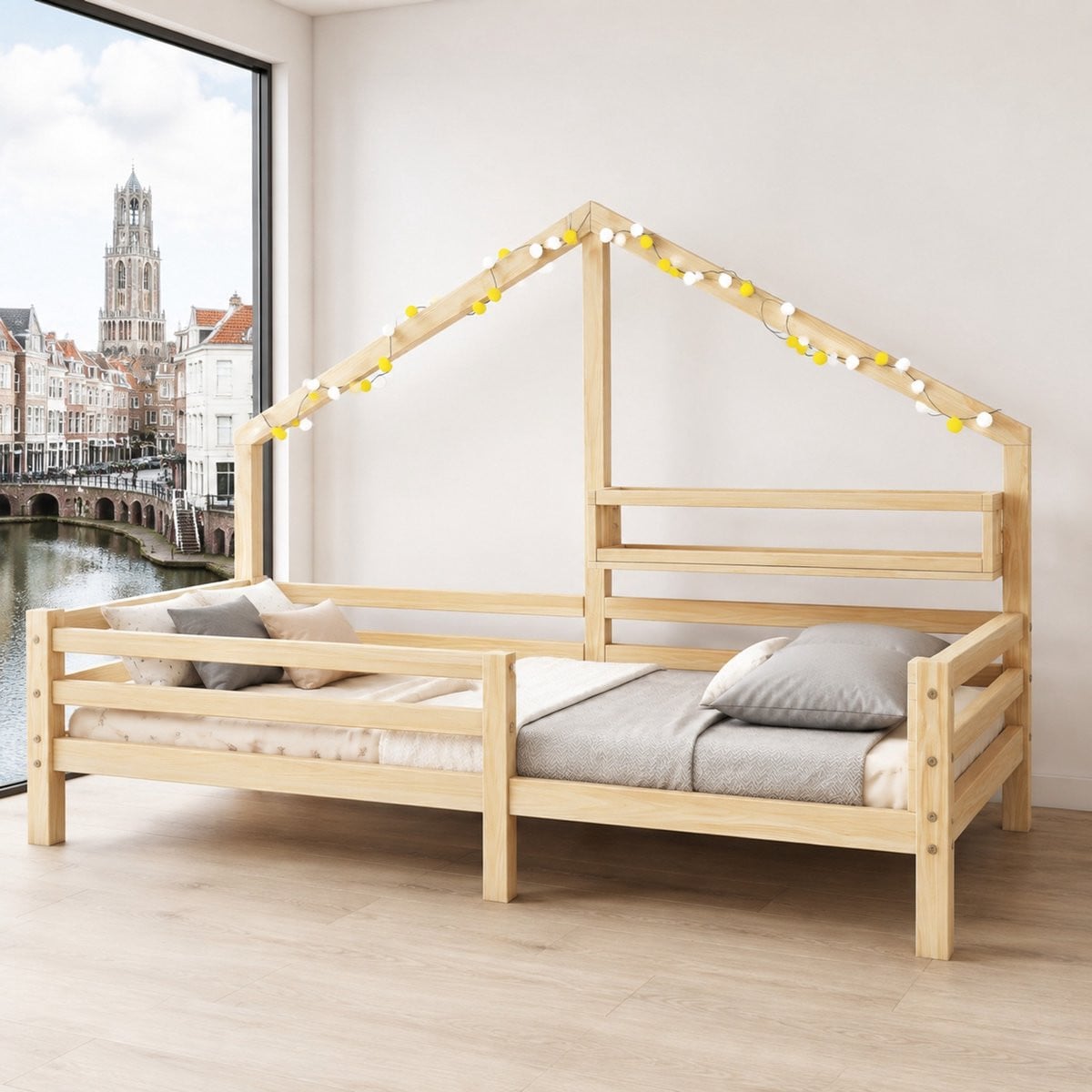 WUVRIE Huisbed kinderbed met boekenrek en uitvalbeveiliging, naturel, 90 x 200 cm