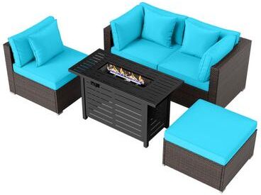 Costway Heavy-duty Frame Rattan Sofa Set with 60000 BTU Firepit Table-Turquoise