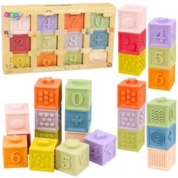 Set mit 12 pädagogischen Gummi-Sensorikblöcken mit Zahlen und Texturen.