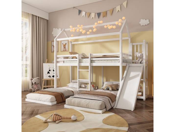 Lits superposés Structure de cadre de lit stable Avec toboggan Conception de toit unique Blanc Lit enfant []lit superpose