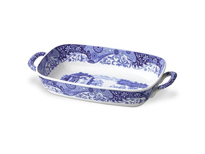 Spode Blaue Servierschale mit italienischen Griffen. Lasagneform mit Griffen, Serviertablett mit Griff, aus feinem Porzellan, blau/weiß