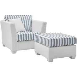 SESSEL creme blau gestreift, Landhaus 95 cm, Loungesessel Set inklusive Hocker