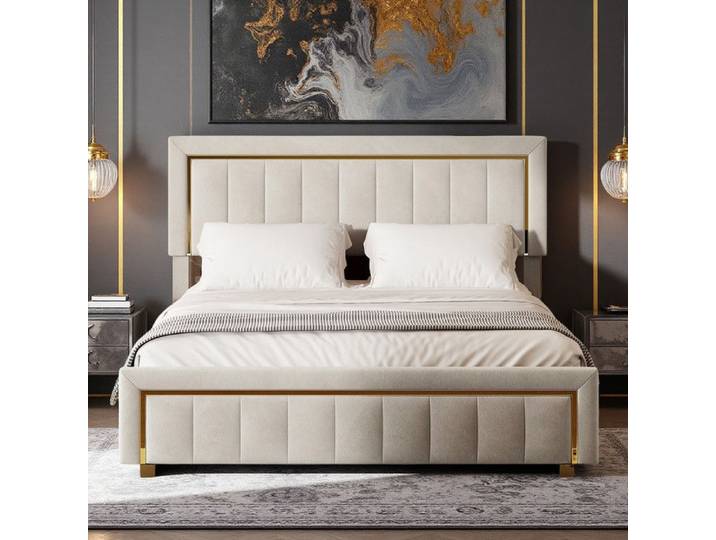 Lit Double 140x200cm - Coffre Hydraulique - Tête de Lit Velours Crème - Rangement Intégré - Design Élégant