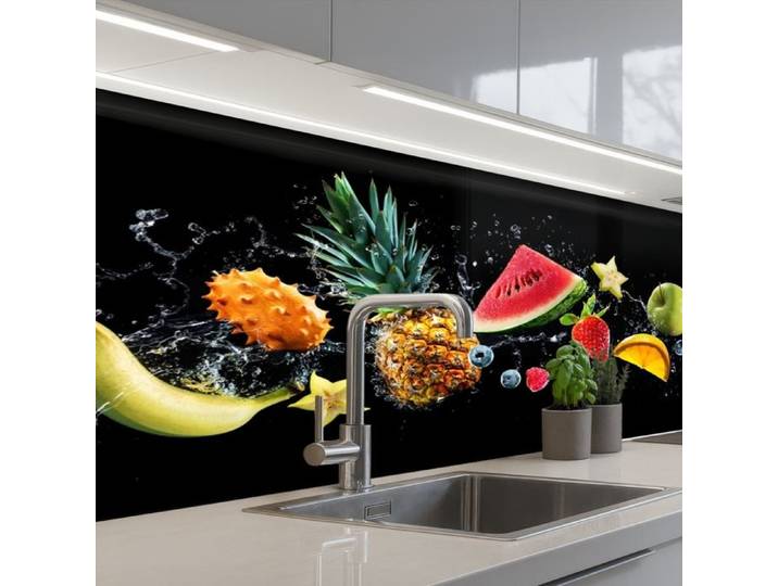 KitchenYeah Dosseret de Cuisine Splash Motif Fruits et Éclaboussures d'Eau Noir