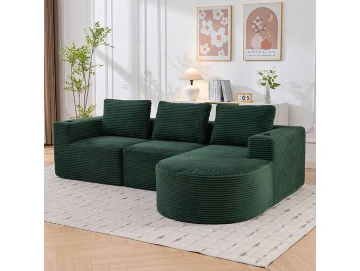 Canapé droit 265 cm - FloraGrace avec Trois Coussins et Double Porte Gobelets Tissu Polyester Rembourré - Vert rétro