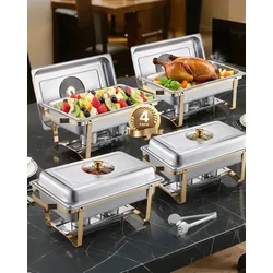 VEVOR Chafing Dish Set Speisenwärmer Edelstahl mit 4 Behältern in voller Größe (7,5 L pro), rechteckiger Wärmespender mit sichtbarem Deckel & Wasserpfannenständer & Brennstoffhalter, für Partys