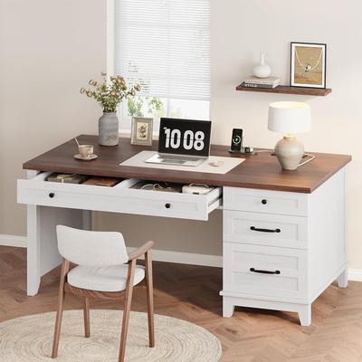 Garvee Executive Desk with Power Outlet, Home Office Desk with Drawers, Wooden Work Desk with File Cabinet, Computer Desk
