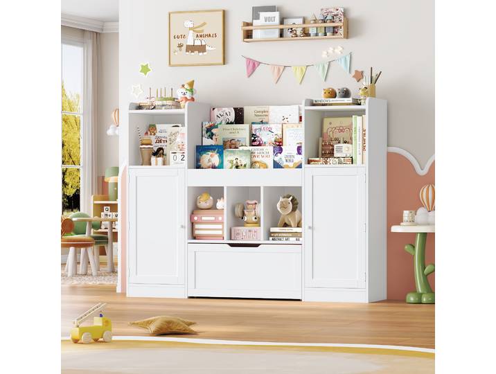 Getone Meuble Rangement Enfant Bibliothèque Enfant avec 19 Étagères Bibliotheque Enfant avec 2 Portes 1 Tiroirs a Roulants Rangement Jouet Enfant pour Salle de Jeu Chambre d'enfants 140.3x30x108.2cm