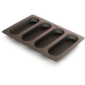 Lekue Backform für 4 Mini-Baguettes, perforiert, aus Silikon, 29 x 20 x 2 cm, braun, Baguetteform