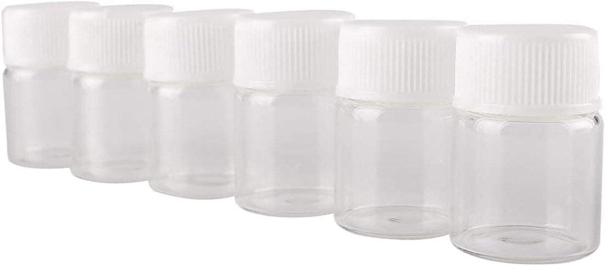 Set van 10 transparante glazen kruidenpotjes met plastic dop voor kleine opslag