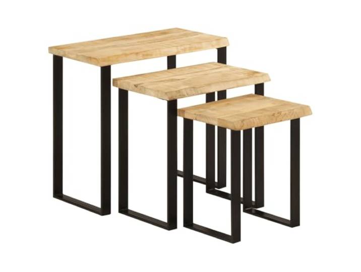 Favemtsl Satztische 3er Set Massivholz Mango Beistelltisch Baumkante Platzsparende Couchtische im Industrial Design für Wohnzimmer und Flur mit naturbelassener Echtholzkante.