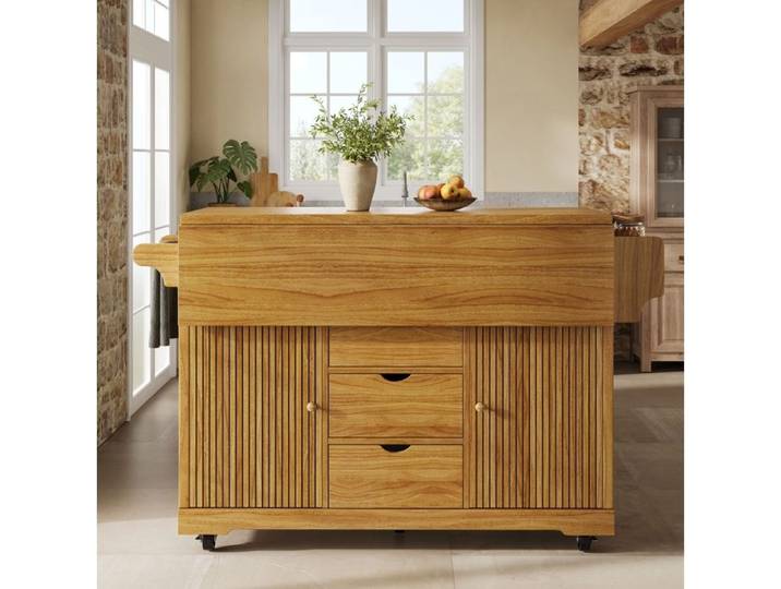 ROVRYN Desserte de cuisine mobile 142 5 cm avec rallonges rabattables 3 tiroirs MDF et métal marron foncé