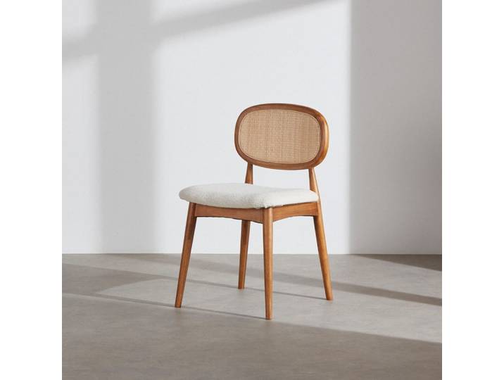 Stuhl aus dunklem Gummibaumholz, ecrufarbenem Polyestergewebe und Rattan-Geflecht