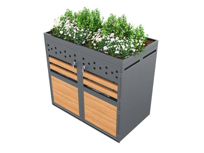 Flieks Mülltonnenbox 2er Anthrazit Holzoptik Pflanzdach 120-240L, Mehrfarbig, Metall, 80x125x132 cm, Gartenzubehör, Mülltonnenbox