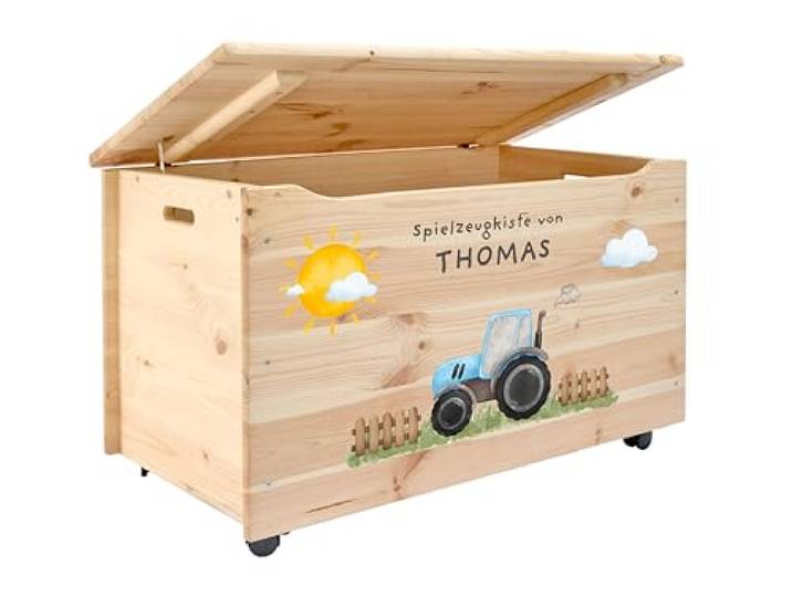 Pinus Spielzeugkiste personalisierbar 90x48x51 cm mit Deckel Rollen Kiefernholz, Wunschname personalisiert, große Aufbewahrung, für Spielzeug Decken Erinnerungen, Kinderzimmer Geschenk Geburt
