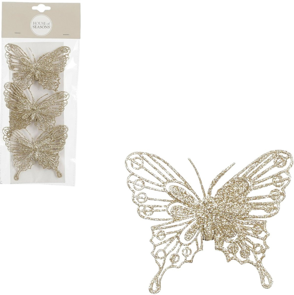 House of Seasons Decoratie Vlinders op Clip - 3 stuks - Champagne - 10 cm