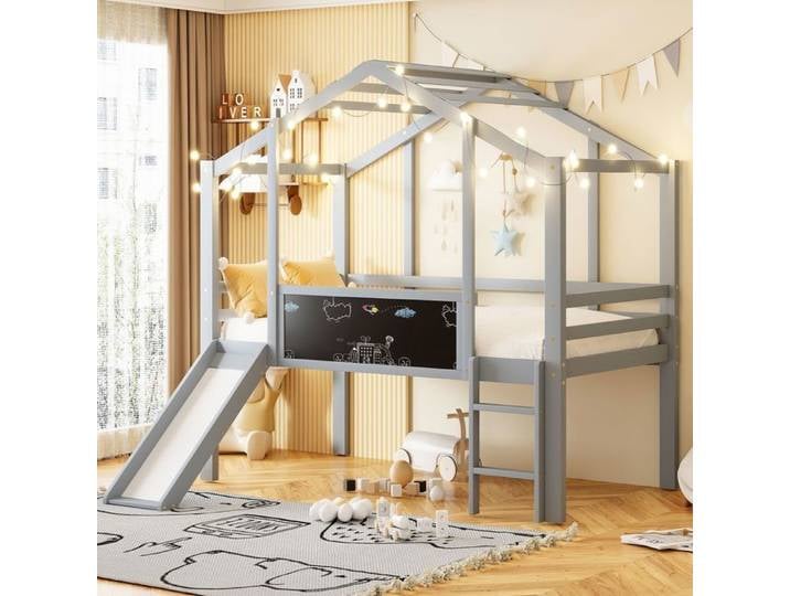 Lit mezzanine enfant - SOGEU - Design cabane ludique - 90x200 cm - Bois massif - Sécurité renforcée
