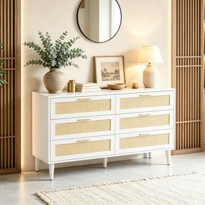 Lumibee Modern Solid Wood Chest of Drawers Dresser with 6 Storage Rattan Drawers