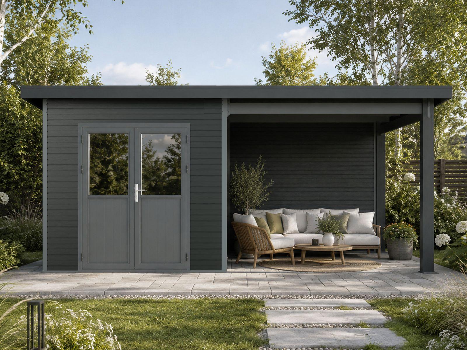 Linholm WPC Gartenhaus Linia 5228 mit Anbaudach und Rückwand, inkl. Dachrinnen-Set, Anthrazit