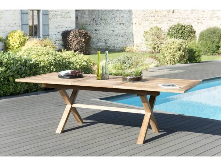 FUN - Table de jardin 10 pers.- rect. pieds croisés 180/240 bois Teck