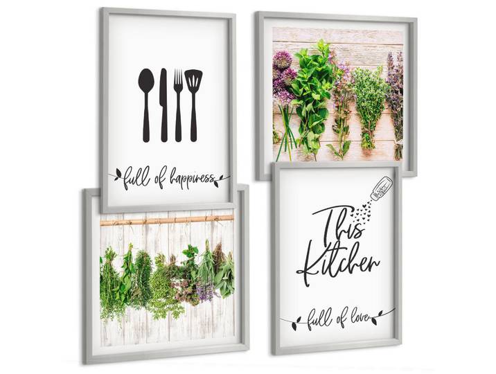 Tulup Bilder SET 4er Set - 50x50 cm & 40x60 cm Silberner Rahmen - Küchenkräuterpflanzen Beschriftungen, Silberfarben, Kunststoff, Rechteckig, 50x50 cm, gerahmt, Bilder & Rahmen, Bilder
