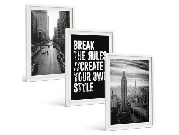 BILDER SET 3er Set - 40x60 cm Weißer Rahmen - Inspiration für Schwarz-Weiß-Darstellungen von Stadtstraßen