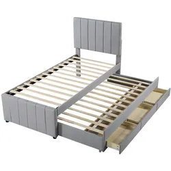 Polsterbett 90x200 cm mit ausziehbarem Bett und Stauraumschubladen – klassisches Design und hoher Komfort Grau