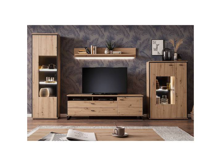 Wohnwand III 4-teilig Front: MDF Mitteldichte Holzfaserplatte , beschichtet Korpus: Spanplatte, beschichtet Absetzung & Griffe: Aluminium,