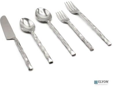 Elyon Tableware Elyon Diamond Tip Reflective Silver 20 Piece Flatware Set Indian Artisan-Made Set Hand-Forged Stainless Steel Service for 4