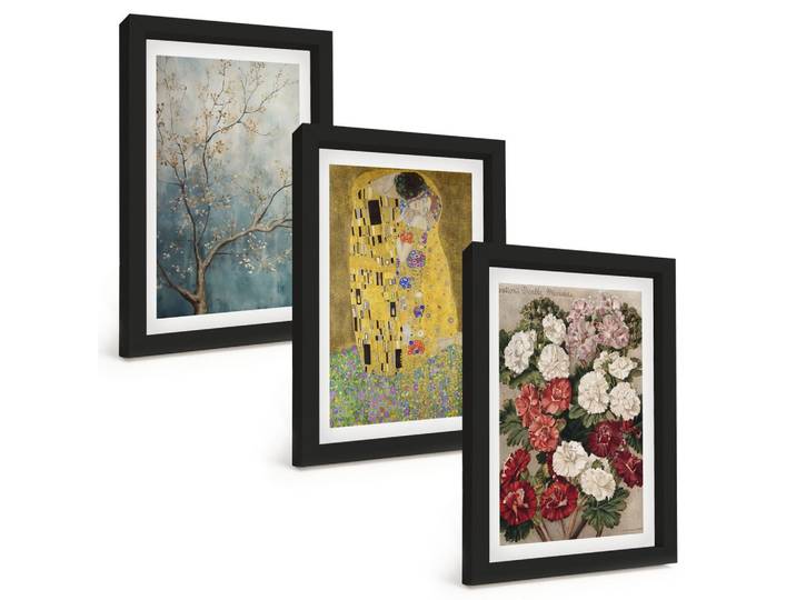 BILDER SET 3er Set - 20x30 cm Schwarzer Rahmen - Blumen des Baumes (Gemälde von Klimt)
