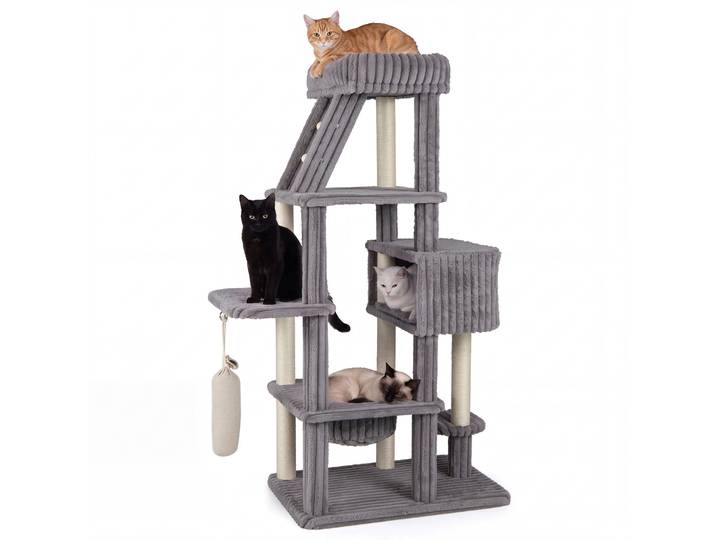180 cm Hoge Meerlaagse Krabpaal voor Grote Katten Kattenboom met Observatieplatform Kattenhuis Hangmat Grijs