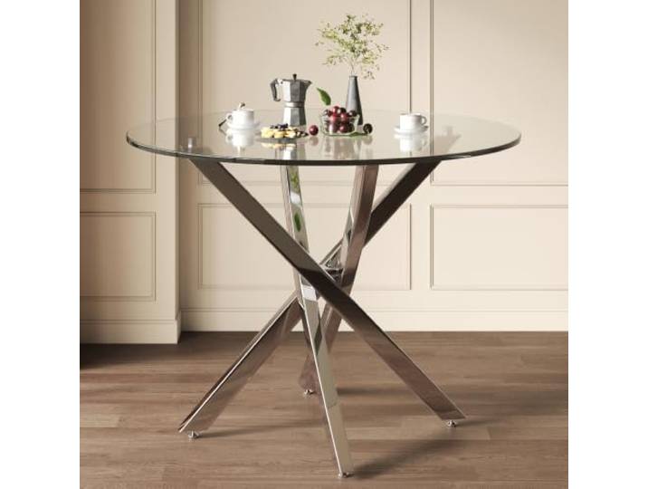 XINGNING Runder Esstisch mit Glasplatte Modernes Design Gehärtetes Glas und Galvanisierte Tischbeine für Esszimmer Küche und Wohnzimmer (Silver + Glass)