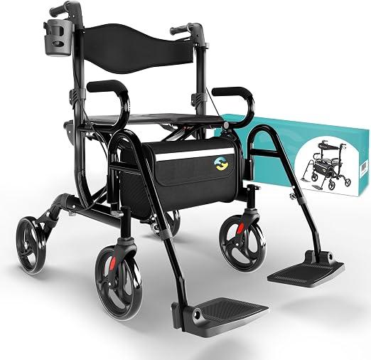 2 in 1 Rollator & Rollstuhl in Einem - Faltbarer Rollator mit Fußstützen - Umbaubar zum Transport-Stuhl