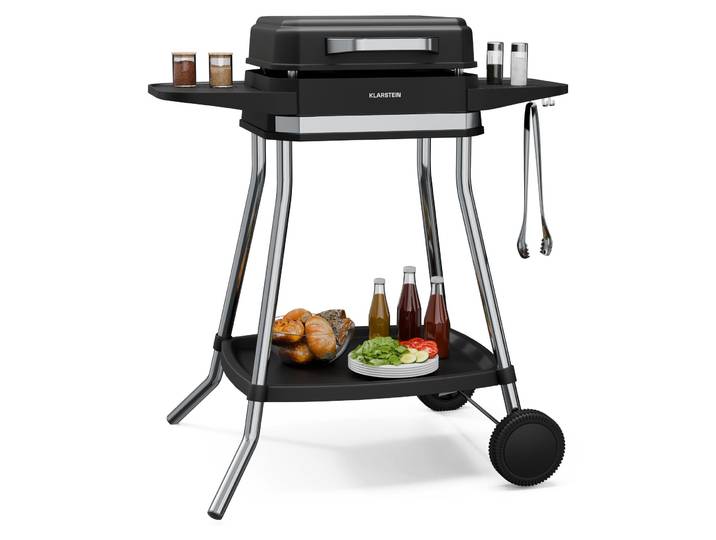 Klarstein Gatsby Barbecue Électrique Sur Pied 3050 W - Intérieur & Extérieur\, Concept EasyGrill Sans Fumée\, Plaque Antiadhésive\, Jusqu'à 240°C\, Tables d'Appoint\, Montage Rapide