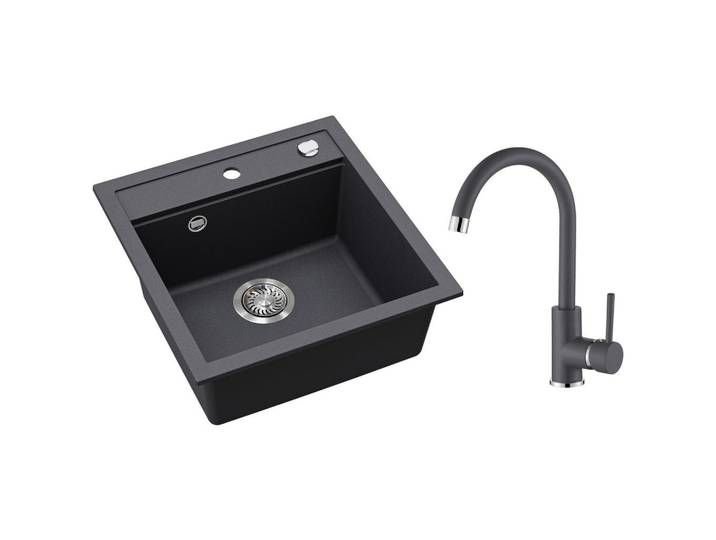 Visiona Granitspülenset Mila, Graphit, Metall, Stein, 2-teilig, 49x20x51 cm, flexible Anschlussschläuche, schwenkbarer Auslauf, Küchen, Küchenausstattung, Küchenspülen, Granitspüle
