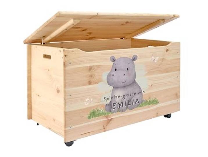 Pinus Spielzeugkiste personalisierbar 90x48x51 cm mit Deckel Rollen Kiefernholz, Wunschname personalisiert, große Aufbewahrung, für Spielzeug Decken Erinnerungen, Kinderzimmer Geschenk Geburt
