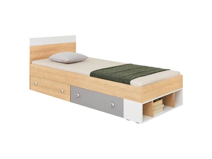 Lomadox Kinderzimmer Jugendzimmer Bett 90x200cm Liegefläche, Eiche mit weiß und grau