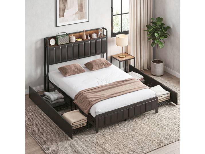 HOMCOM Lit Double 140x190cm Rembourré avec Tiroirs Noir