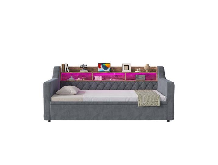 Flora Grace Bett 90/190 cm in Dunkelgrau mit Bett, LED-Beleuchtung und USB-Anschlüssen, 90x190 cm, Schlafzimmer, Betten