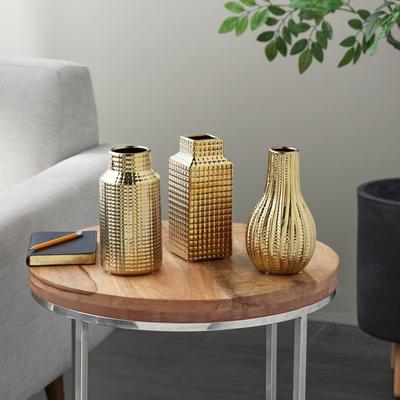 ARCILLA ELEMENTAL Gold, Cream or Silver Ceramic Dimensional Textured Geometric Vase with Varying Shapes and Grid Patterns (Set of 3)