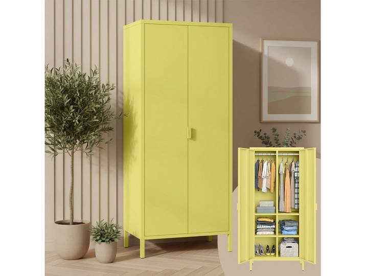 skølm Kleiderschrank Ituri aus Metall (Gelb) Metallschrank mit 6 Fächern & 2 Kleiderstangen, 170x80x45 cm
